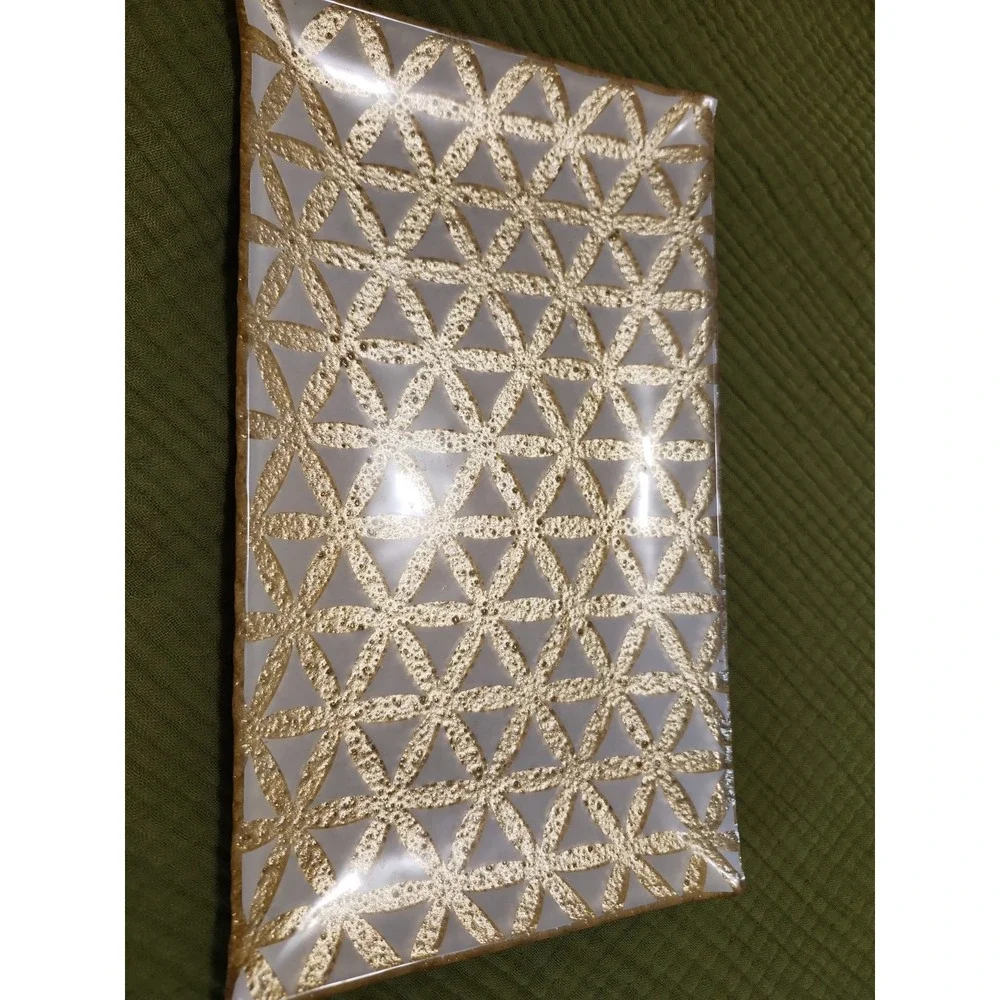 Reverse Painted Gold Geometric Glass Vanity Tray 10x6 Flower of Life Design